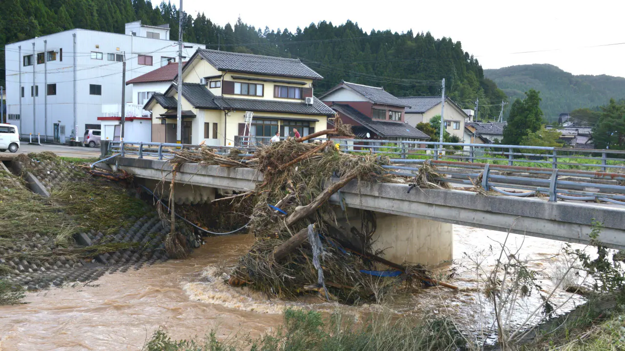 橋に引っ掛かる木（能登町・石川県提供）