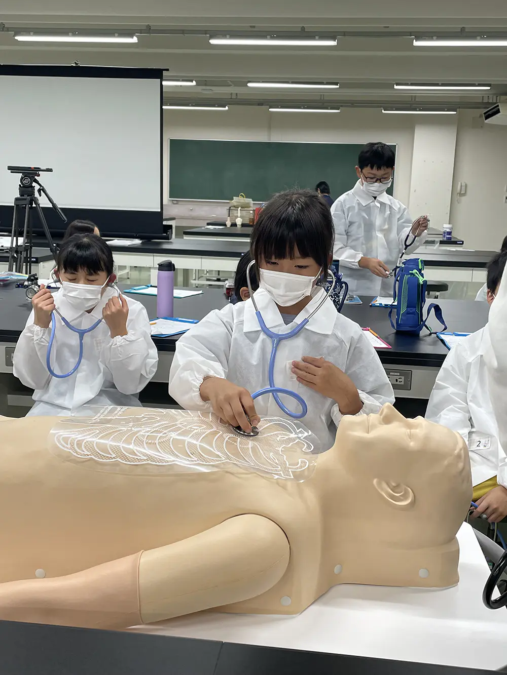 みー
問診・聴診・心電図検査・レントゲン検査、どれも楽しかったです。特に聴診器で患者さんの胸の音を聞いて違うところを発見するのが初めてですごくおもしろかったです。お医者さんは患者さんを元気にして命を守るすごい仕事だなと思いました。

