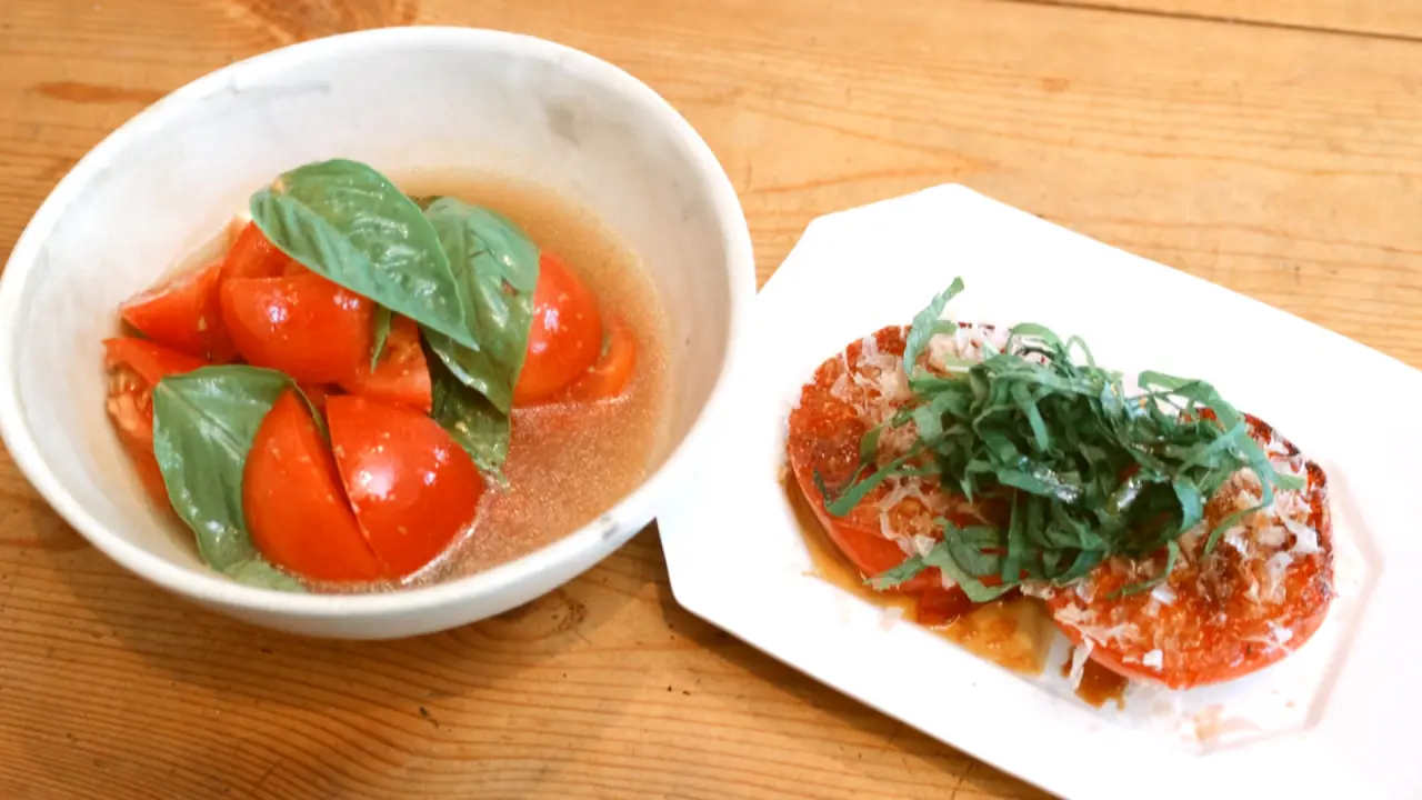 【お料理レシピ】冷蔵庫のレギュラー野菜トマトでササッともう1品！簡単なのに絶品「トマトの柚子胡椒マリネ」＆「焼きおかか」