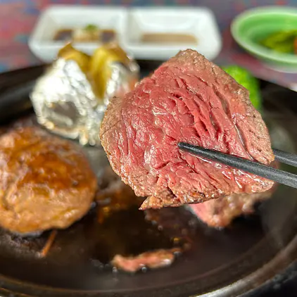 おわらの調べ響く 八尾ののどかな田園で本格ステーキ【ステーキ胡弓】牛100％の自家製ハンバーグとセットのランチも